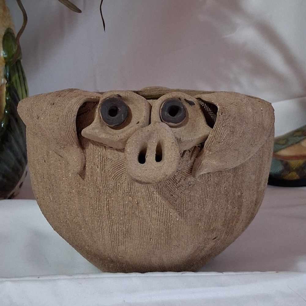 Vintage Handcrafted Stoneware Pig Planter